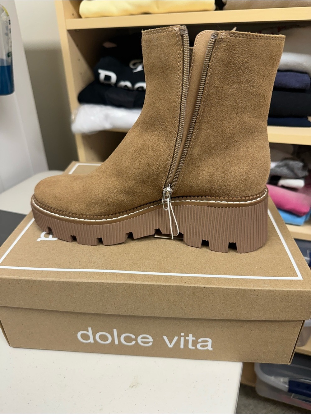 Dolce Vita Camel Suede Platform Lug Zip Ankle Boots.